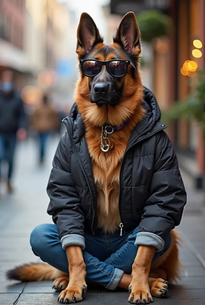 A stylish German Shepherd dog wearing modern casual clothes, including a trendy jacket and jeans, sitting in an urban setting. The dog wears fashionable sunglasses, exuding confidence and charisma. The background features a relaxed city vibe with soft ligh...