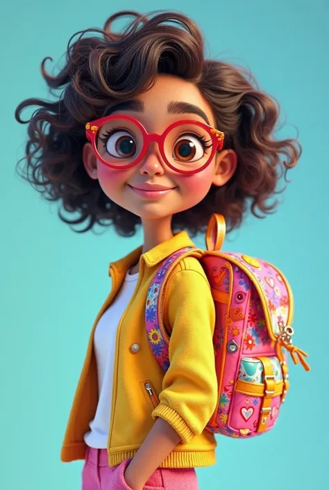 Create a vibrant Disney Pixar-style 3D image featuring a soft-featured woman with short CURLY hair that falls just above her shoulders, revealing a few loose strands framing her round face. She wears fashionable glasses with brightly colored frames that ma...