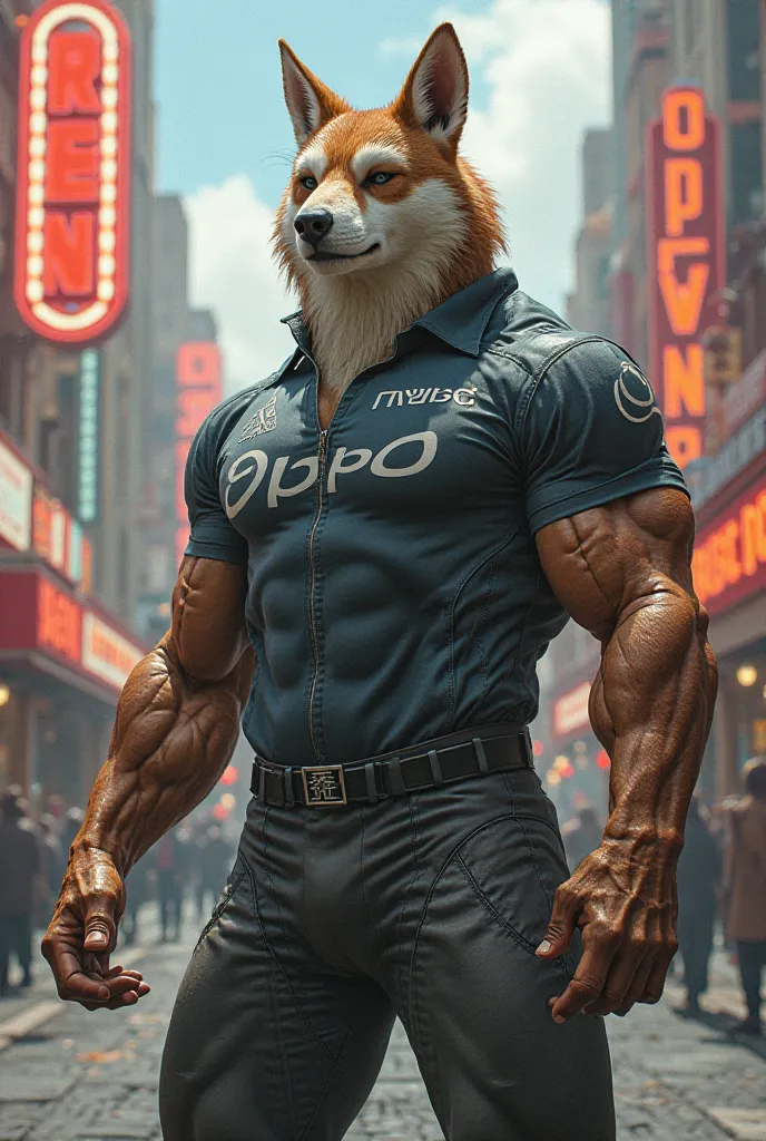 Muscular animal Reno wearing the Oppo brand uniform