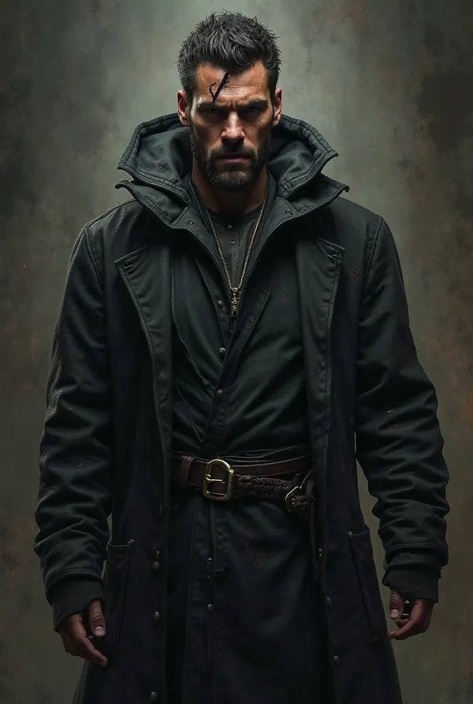 Sicario from the play Macbeth,Man aged 30 to 40 years, With a scar, Slightly stained black clothes, Kill for kings and noble people