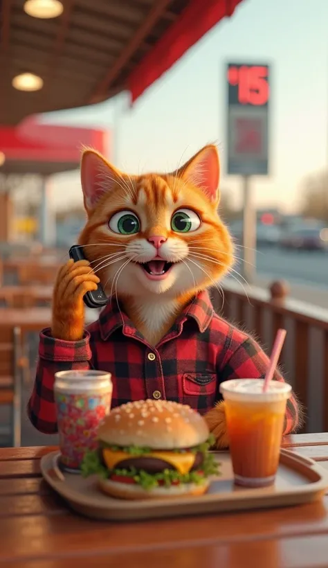 A highly detailed 3D-rendered anthropomorphic orange tabby cat with expressive green eyes, wearing a red and black checkered flannel shirt, sitting at an outdoor fast-food restaurant. The cat is joyfully talking on a smartphone while a tray with a fresh ch...