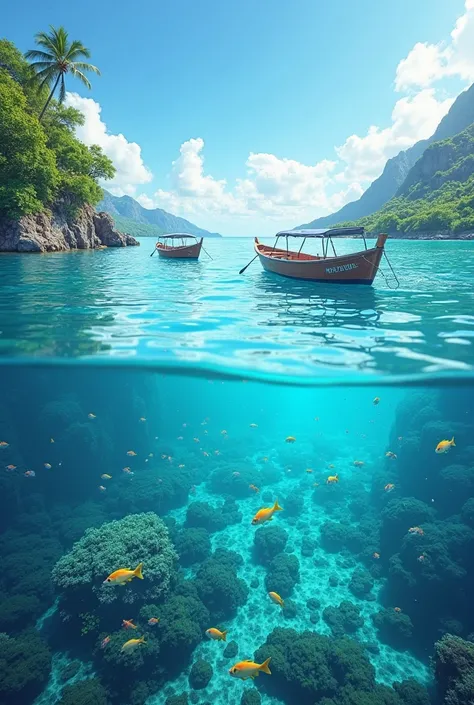 32k Ultra HD, very clear , ultra realistic, Paradisiacal marine image, with boats, crystal clear water 