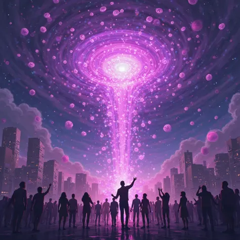 Imagine a massive cosmic vortex in the sky, unleashing a storm of glowing purple Monad coins onto the city below. People are reaching up, catching them as they descend like divine blessings. The sky flashes with the words: “$MON Airdrop – Are You Ready?”