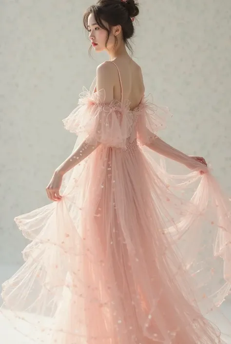 A 22years old woman wearing a light pink flowy dress with a few layered net and with a see-through sleeves. Full body picture