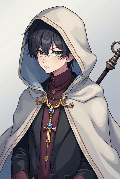 a anime image of a man in a hoodedie with a wand, black - haired mage, white cloak, wearing cloak, caleb from critical role, wearing a cloak, picture of a male cleric, dressed like a cleric, dressed in cloak, half-body, open cloak, anime style