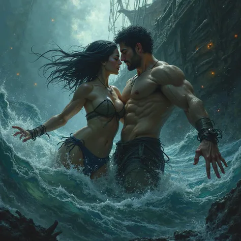 
Create an image of a couple in a slightly evil and shipwreck setting but in the water !! With a shirtless and muscular man and a woman with black hair  