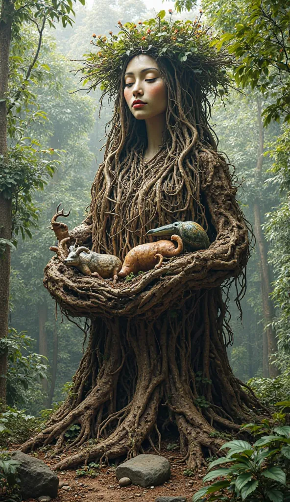 "A massive tree-like sculpture of a motherly figure stands tall in a dense forest, her entire body made of intertwining roots, branches, and vines. Her face is carved from smooth bark with closed eyes and delicate wooden features, resembling a wise, ancien...