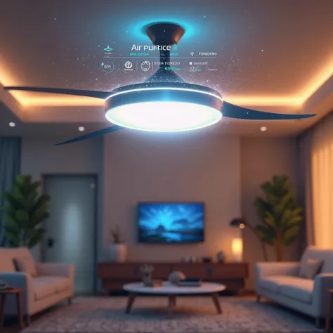 A next-generation AI-powered smart ceiling fan with built-in air purification and climate-adaptive speed control. The fan has a sleek, bladeless design with a glowing circular LED ring that adjusts colors based on room temperature. A holographic control in...