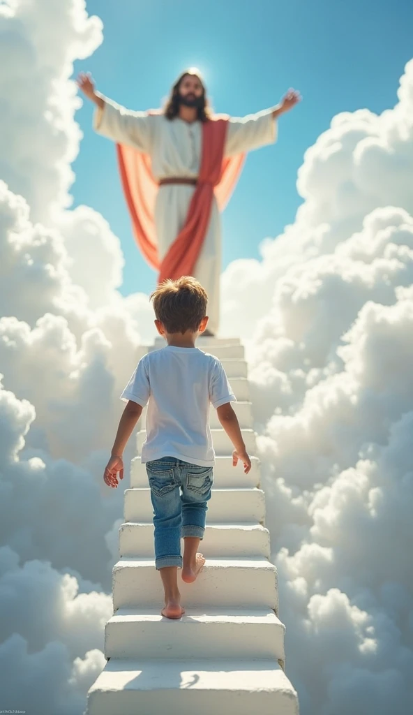 The image depicts a  boy climbing a long white staircase surrounded by clouds, towards a figure that appears to be Jesus.  He has open arms ,  wearing a white tunic with red details , conveying a sense of welcome and peace. The boy is barefoot,  wears a wh...