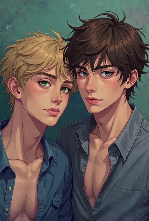 Create a book cover featuring two apparently sexy boys, one of them I want to have brown hair and green eyes and another with half-brown blond hair and blue eyes, I want the background to be in shades of green, blue and purple and I want it to look like an...