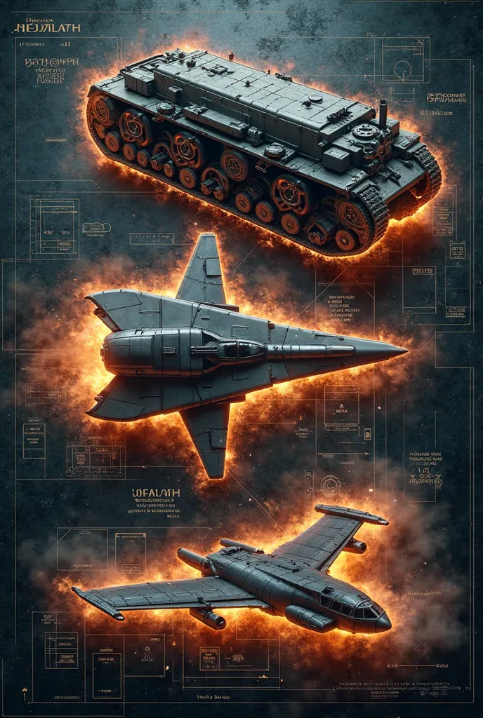 "A visually striking, high-energy digital collage showcasing the three advanced WWII weapons: the Goliath tracked mine, the Horten Ho 229 stealth bomber, and the Silbervogel space bomber. Each weapon is highlighted in a glowing futuristic outline, with a d...