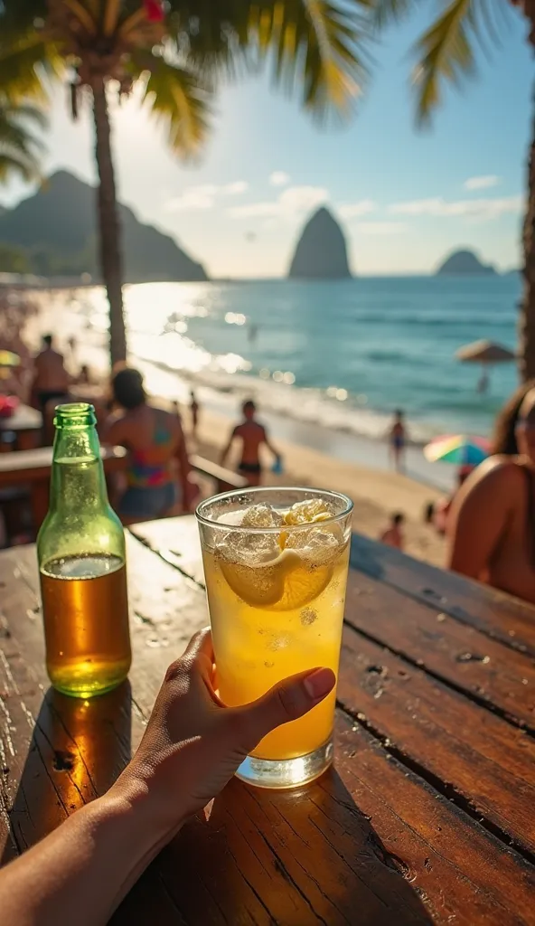 POV of a woman at a seaside bar in Rio de Janeiro during Carnival

The scene unfolds from your own point of view, capturing the vibrant energy of the Rio de Janeiro summer in the middle of Carnival. Your hands rest on the rustic wooden table of a seaside b...