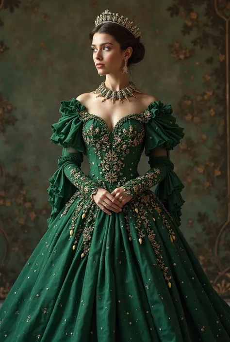 
a woman in a green gown with a tiable and a tiable, a portrait inspired by Anton Fadeev, trending on cg society, baroque, wearing a magnificent dress, ornate royal gown, royal gown, extravagant dress, dressed beautiful gown, royal dress, fantasy long intr...