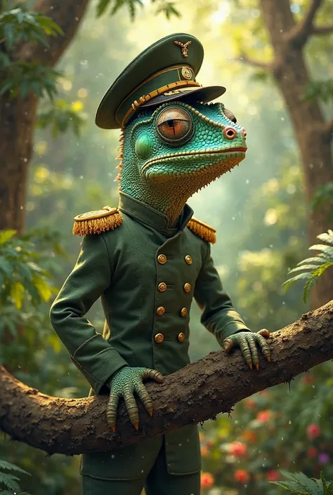 Create a green chameleon in a colonel's costume 