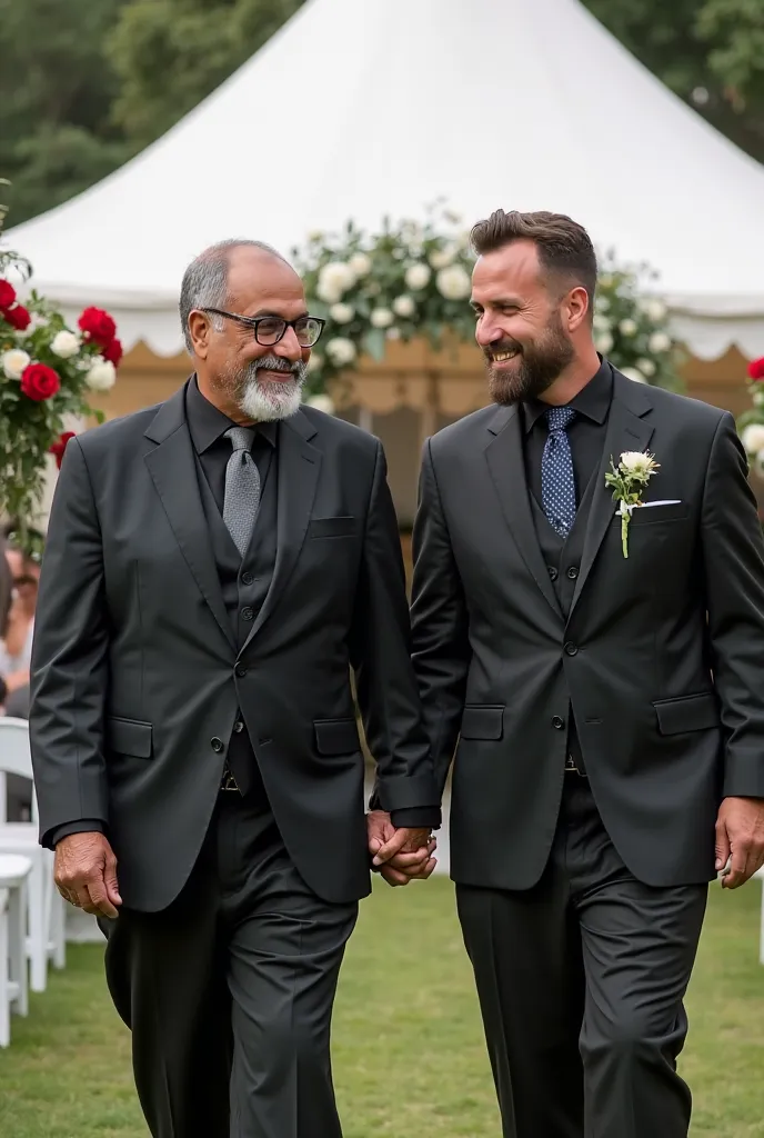 Handsome Indian man in his 50s, tall and plump , dressed in a two-piece black suit with a black shirt and gray tie held by the hand of a white man in his 30s with short brown hair with short beard, handsome, tall and plump , dressed in a two-piece black su...