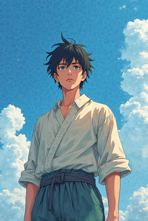  Anime style. anime man, 25 years old.  black hair.  in full.  clear day , blue sky from above. One in the picture. Man fights. Man fights кулаками. A man in bright and light-colored clothes.   serious face 