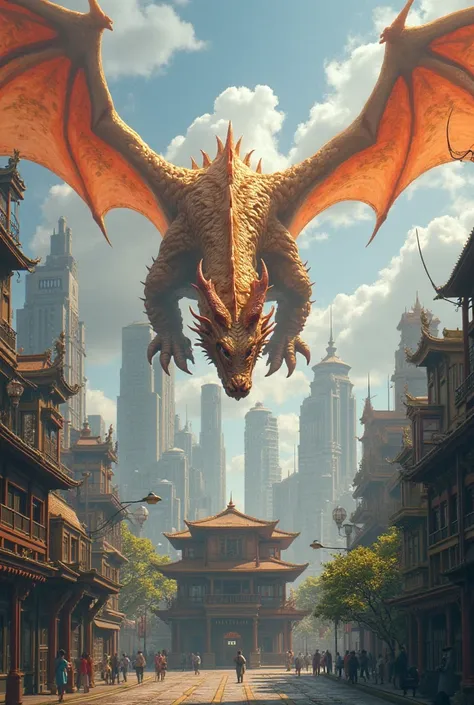 Generate a high-quality dragon in the city above a house with people