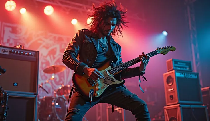 full punk-rock stage mode:
A man as the lead Guitar with wave hair, wearing leather jacket, is furiously playing fender Guitar with his hand.