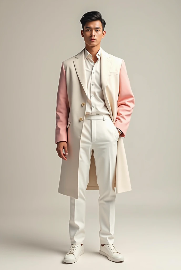 A 24 years old handsome guy wearing a white coat and pants with off pink long sleeves. 