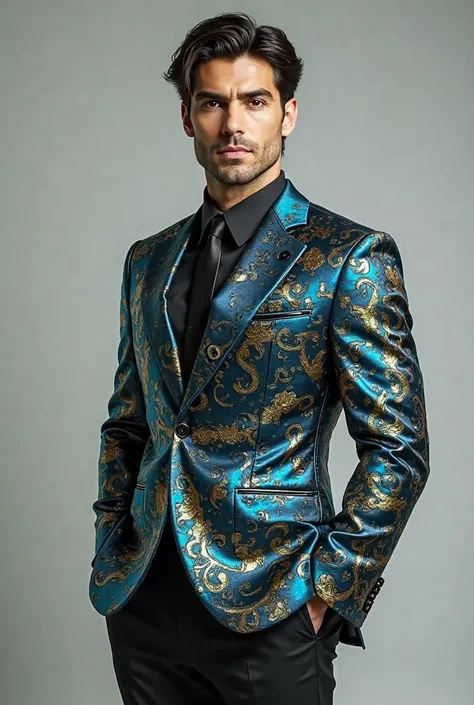 Create me a picture of a special suit model for a brunette man with slanting eyes 192 cm tall. Let it be peacock patterned

