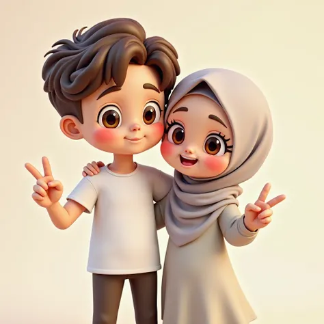 A cute 3D chibi couple illustration, featuring a young man with brown hair, big shiny eyes, and a white t-shirt making a peace sign, standing close to a smiling hijabi girl wearing a soft gray hijab and a matching white outfit. Their cheeks are blushing, a...