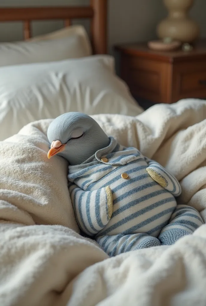 A fully grown pigeon dressed in pajamas, laying in his bed.