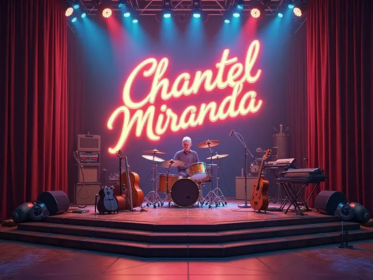 stage with instruments including acoustic guitar and background the word "Chantel Miranda" 