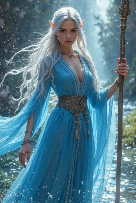 A young and beautiful female elf magician, with fair skin,  long silver hair ,  blue eyes, Wearing blue wizard costumes, holding a wizard&#39;s staff,  with water powers.