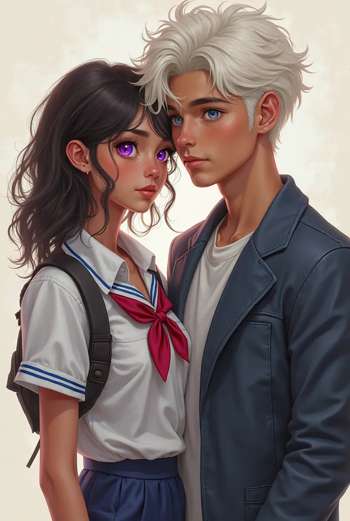 A slender 15-year-old Mexican brunette with purple lenses, short wavy dark brown hair,  black eyes, school uniform, with a tall blue-eyed albino boyfriend who looks realistic 