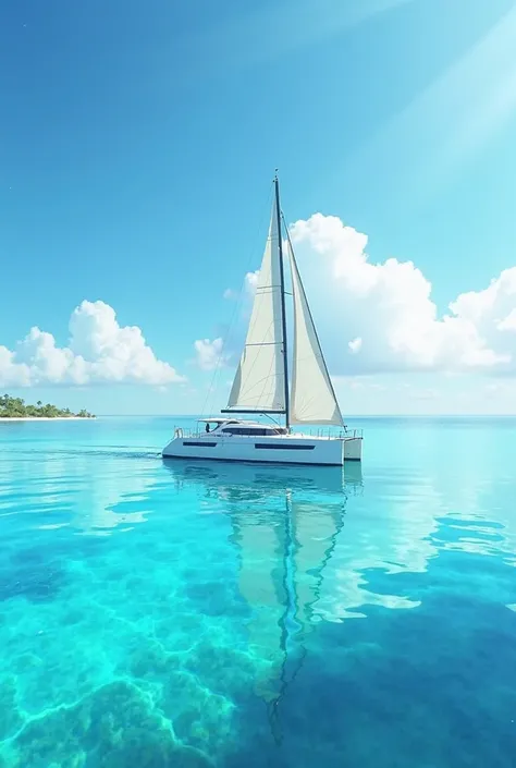 32k Ultra HD, Very sharp , ultra realistic, paradisiacal marine image, With a sailboat, crystal clear water