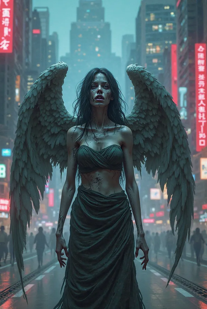 Draw me a disfigured angel in front of the city in Mr. Anime style 