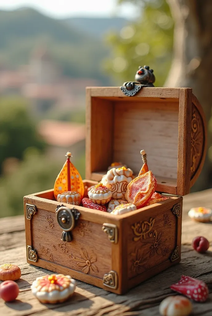 A small box in the shape of a rabelo boat with wooden kites and candies inside 