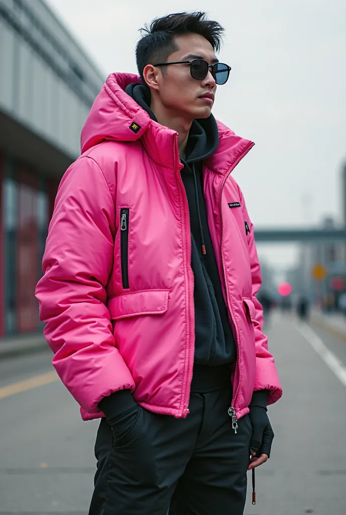 arafed man in a pink jacket and black pants posing for a picture, a portrait inspired by Gang Hui-an, tumblr, neo-dada, cyberpunk streetwear, wearing cyberpunk streetwear, wearing space techwear, wearing cyberpunk 2 0 7 7 jacket, techwear look and clothes,...