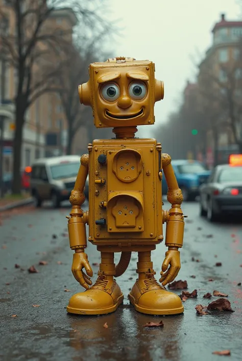 A human-shaped traffic light sitting taking a break and in the background an accident due to lack of traffic light