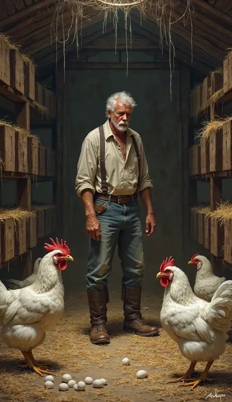 The farmer looking confused and sad, as his hens refuse to lay eggs in their coop.