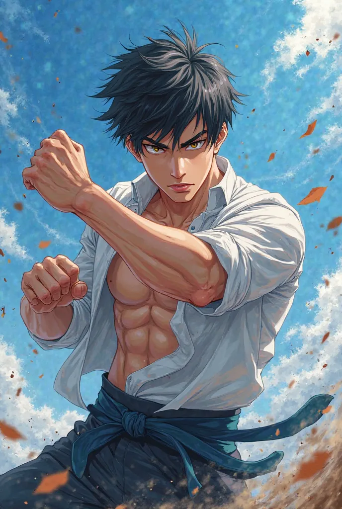  Anime style. anime man, 25 years old.  black hair.  in full.  clear day , blue sky from above. One in the picture. Man fights. Man fights кулаками.   serious face