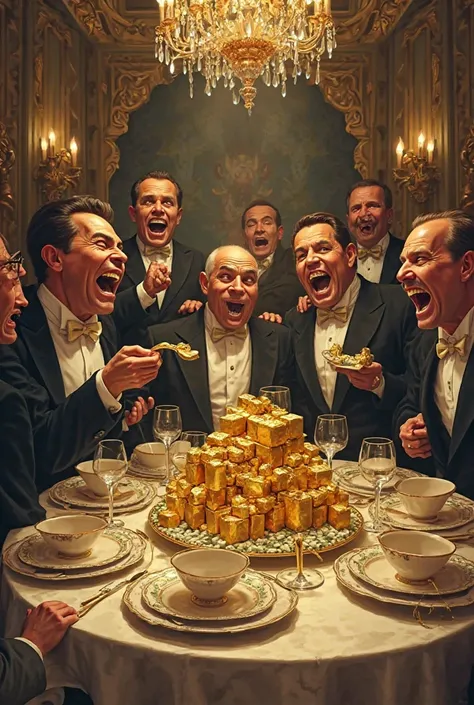 High society people laughing diabolically, eating blocks of gold, banknotes and riches on luxurious dishes in a luxury restaurant.