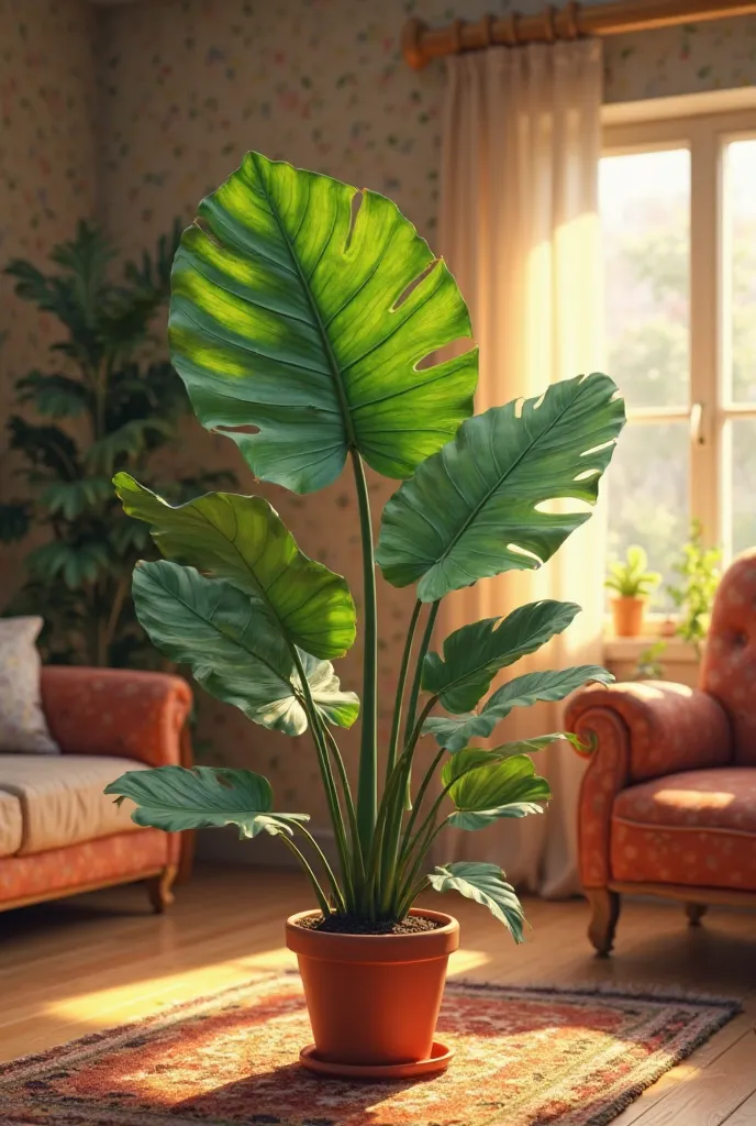 In a cozy living room , a monstera osia has a new leaf, it is magnificent and not yet completely open. In animated version