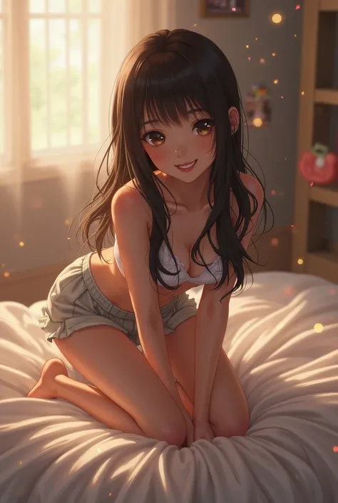 A girl in short skirt crowling in bed