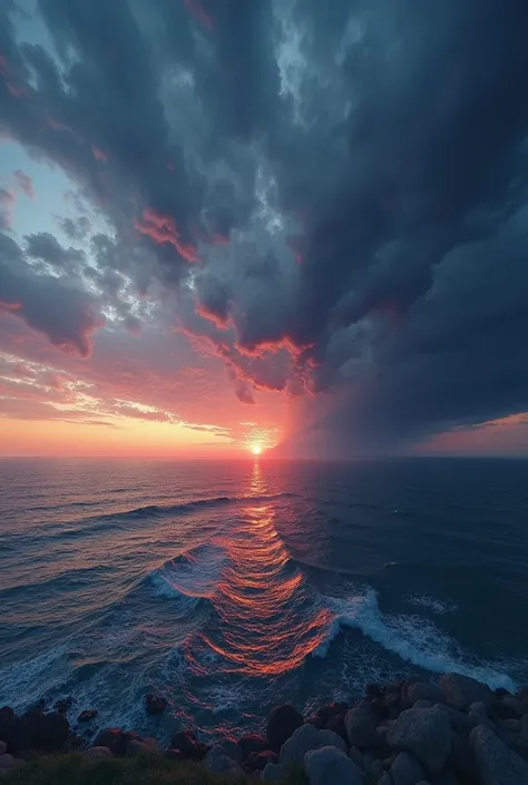 Create this: A beautiful twilight scene on the sea level, of a sky transitioning from the warm, fading hues near the horizon into the night. Swirling storm clouds add intensity, and the image shows resilience.

