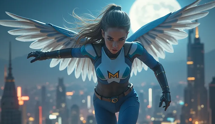 Depict a realistic and cinematic full body female superhero with a pigeon theme, designed with incredible detail. She wears a light blue metal headband on her forehead with a small "M" logo at the front. On her ears, she has white pigeon-wing-shaped access...