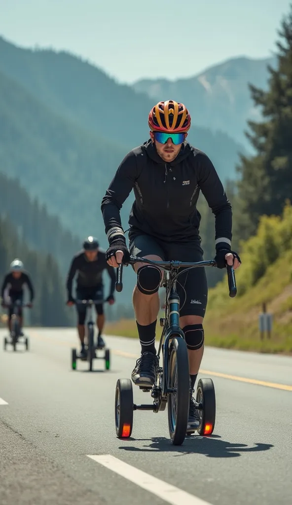 group of massive 20-year-old people descending on 5-wheeled skates, on a highway at curvy speed, wearing black sportswear, colored wheels, colored helmet, knee pads, Gloves, on day,  green mountains , trees