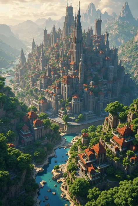 take me a beautiful bird's-eye view of the city in Minecraft