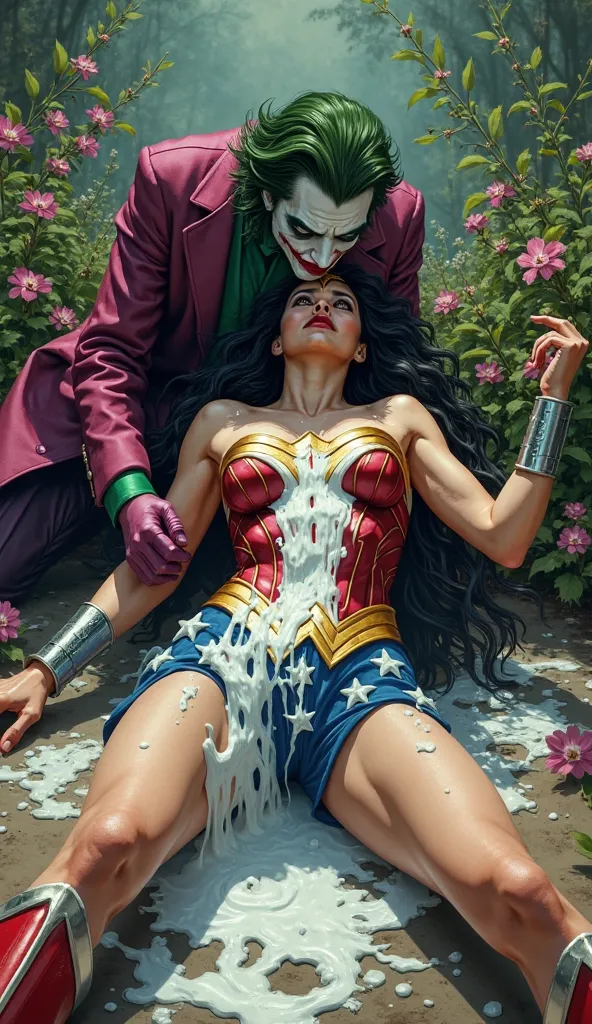 Wonder woman fall on ground , joker hold her hips, white substance flows from wonder woman face into breast,at flower garden, wonder woman is crying loudly. 