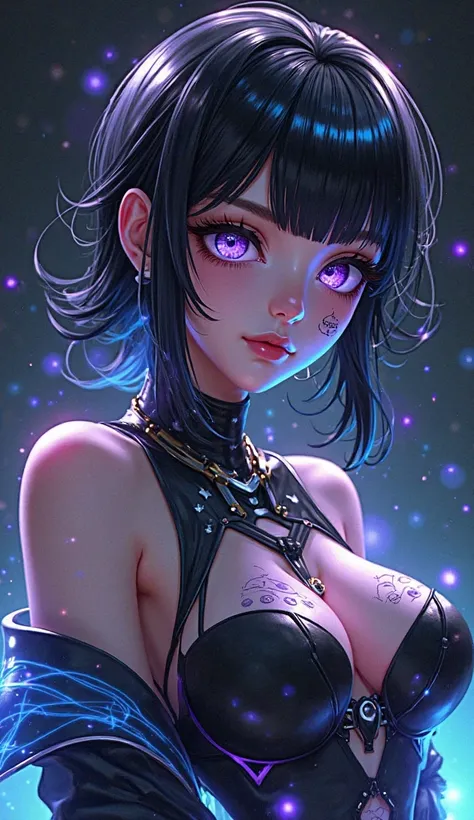 Design a captivating, highly detailed 3D anime character that seems to pop out from the screen, making them the center of attention on a mobile wallpaper. The character should have mesmerizing features—shiny, voluminous black hair with glowing accents, str...