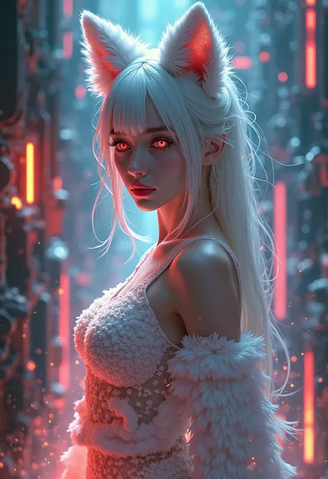 caught  net gun, kitsune, Sexy, the future, detailed portrait, beautiful woman, captivating expression, piercing eyes, alluring pose, graceful movements, intricate fur details, photorealistic, high resolution, vibrant colors, cinematic lighting, dramatic a...