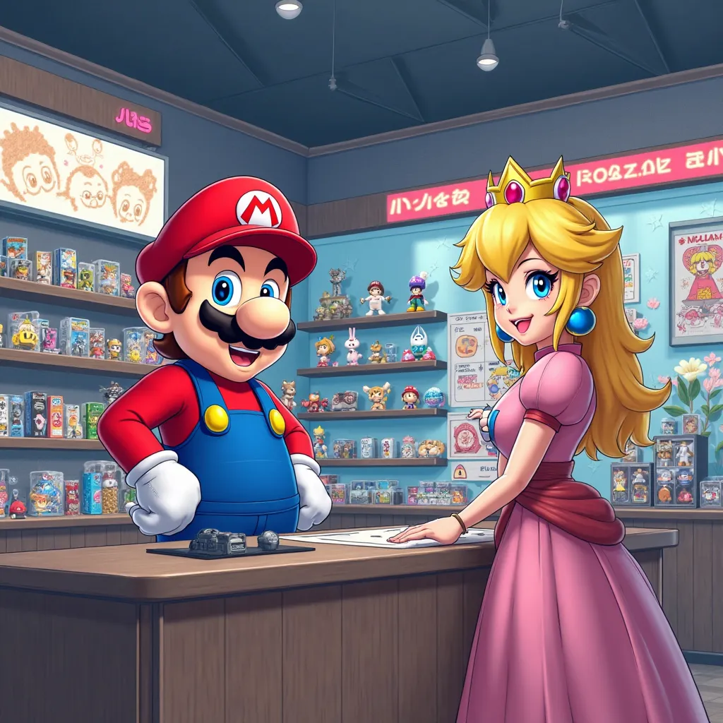 An anime-style illustration depicting Mario as the friendly owner of a modern merchandise store specializing in anime and video game collectibles, with Princess Peach as his coworker. In the foreground, Mario stands behind a sleek, well-organized counter w...