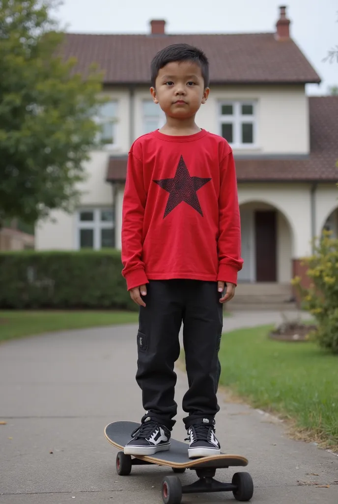 boy in red shirt standing on a skateboard in front of a house, reyyan, very very low quality picture, spiderman!!, riyahd cassiem, ismail, taken with sony alpha 9, enes dirig, one eye red, captured with sony a3 camera, miles morales!!!, black shirt with re...