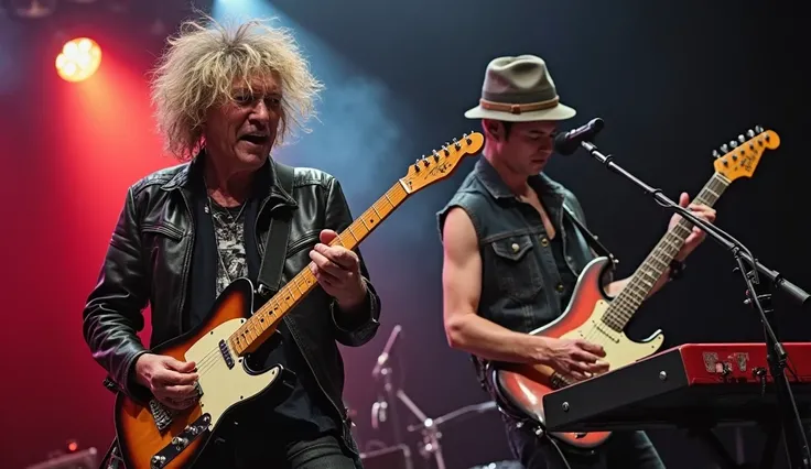 full punk-rock stage mode:
A man as the lead Guitar with wave hair, wearing leather jacket, is furiously playing fender Guitar with his hand, A man as the keyboardist with short hair, wearing bucket hat, is furiously playing the keyboard with his hand.