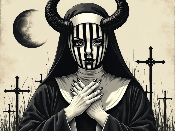 Dessin dans le style d'un dessin animé japonais Dark, gothic figure, female, young adult, wearing black nun's habit.  Striking black and white striped mask covering face, creating optical illusion.  Large black horns adorn head, giving demonic, ethereal fe...